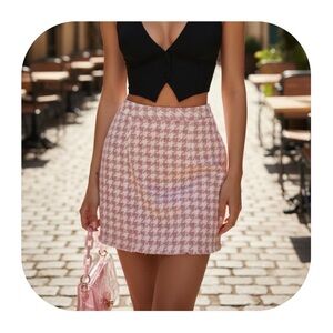 Dolls Kill Sugar Thrillz S pink white houndstooth tweed mini skirt